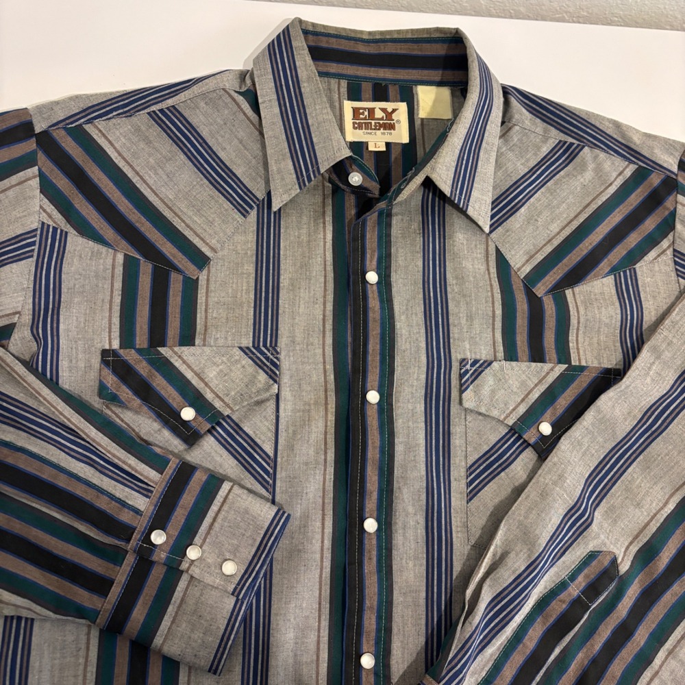 Ely Cattleman Western Yoke Pearl Snap Shirt Mens L Gray Striped Cowboy Rodeo - Picture 9 of 9